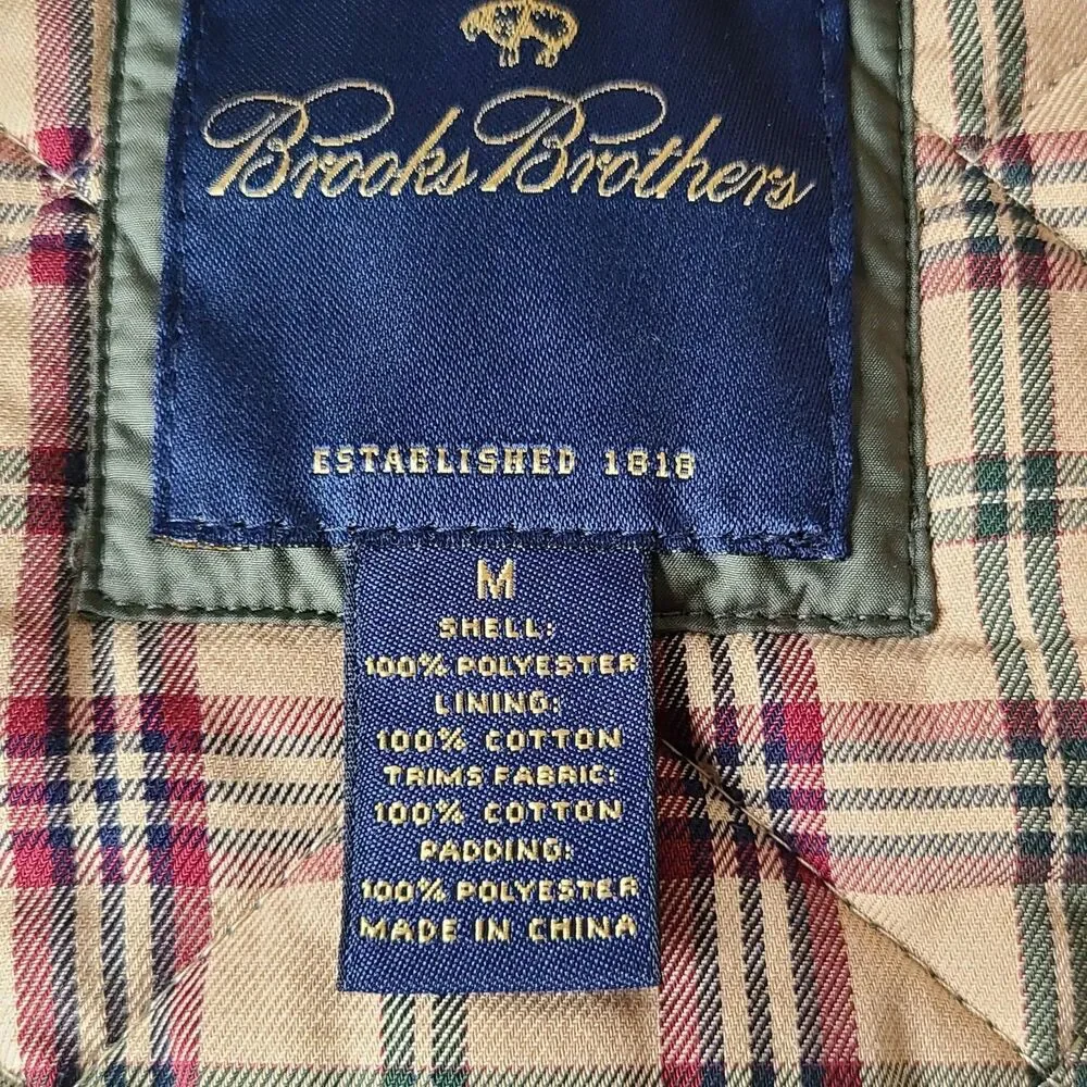 Brooks Brothers Quilted Vest Men's Medium Olive Green Snap Zip Plaid Lined